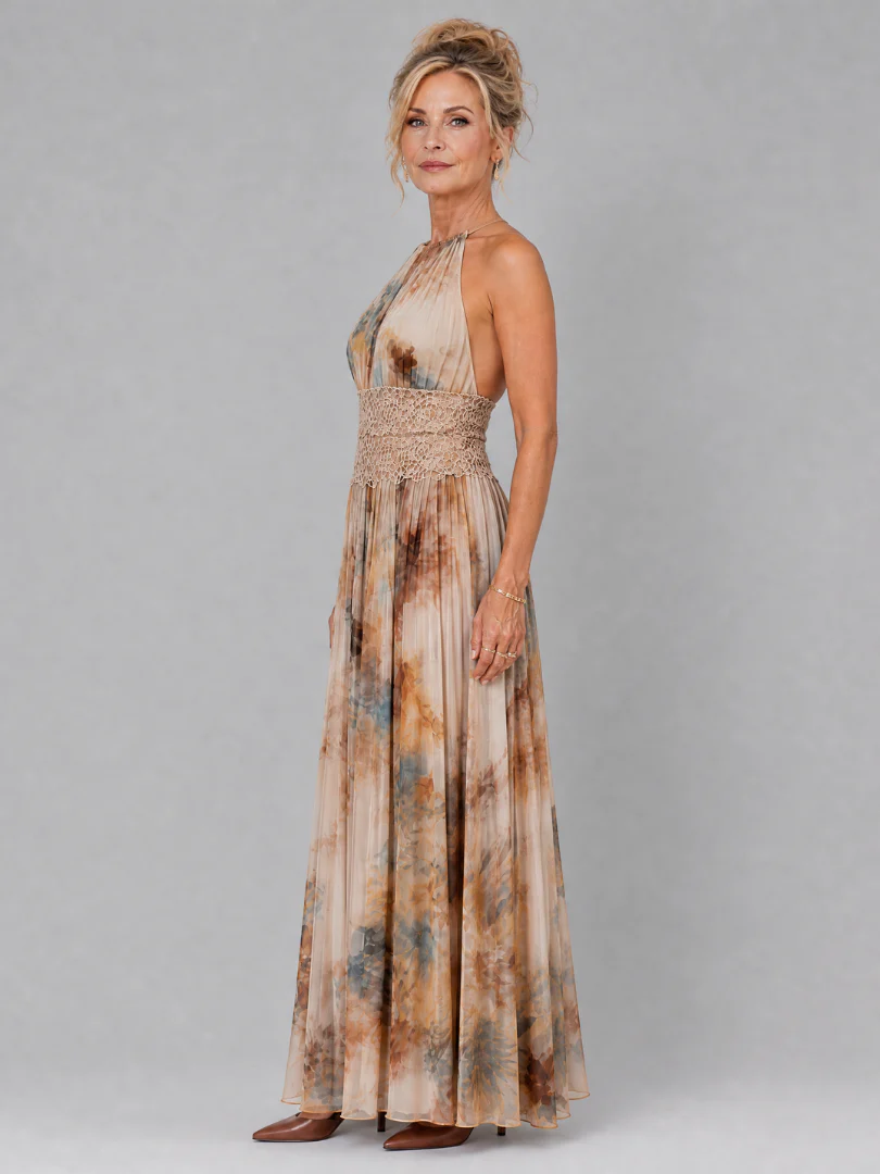 Elavenue | Halter Neck Lace Waist Maxi Dress