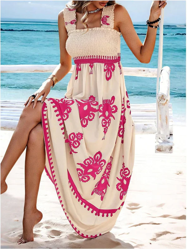 Artistic Geometric Print Smocked Maxi Dress