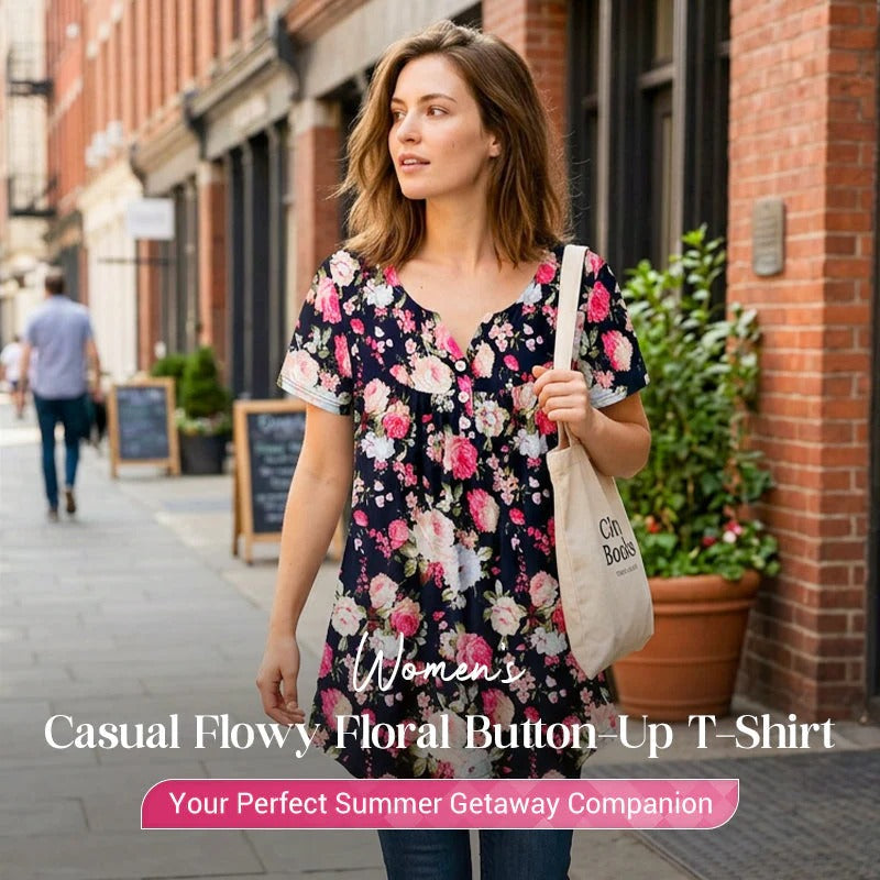 Women’s Flowy Floral Button-Up Tee – Casual, Breezy, Versatile