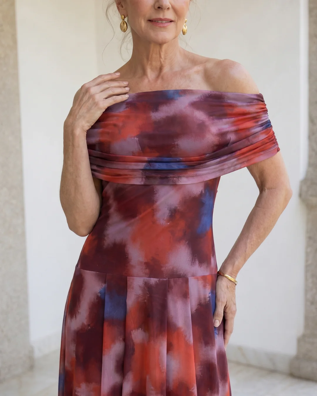 Violla | Off Shoulder Watercolor Print Flowing Midi Dress