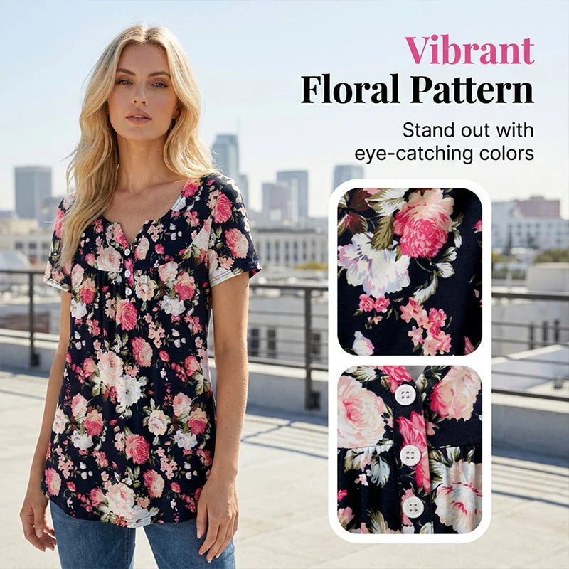 Women’s Flowy Floral Button-Up Tee – Casual, Breezy, Versatile