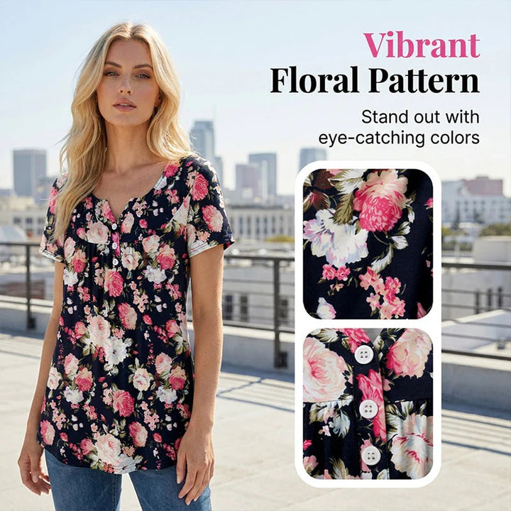 Women’s Flowy Floral Button-Up Tee – Casual, Breezy, Versatile