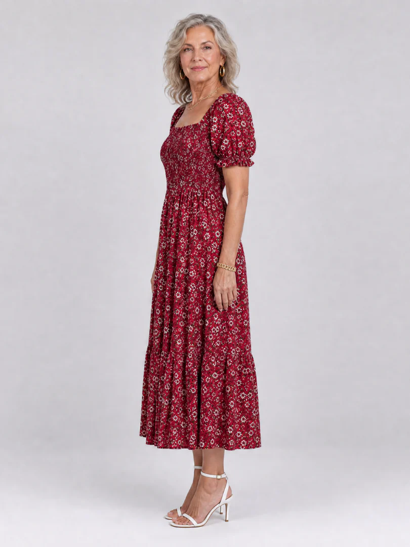 Louse | Floral Smocked Square Neck Midi Dress
