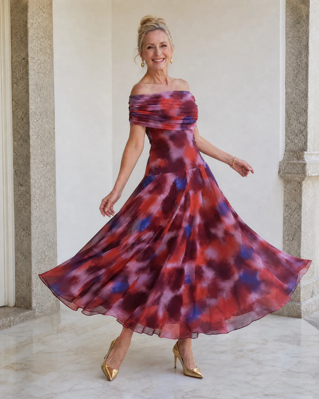 Violla | Off Shoulder Watercolor Print Flowing Midi Dress