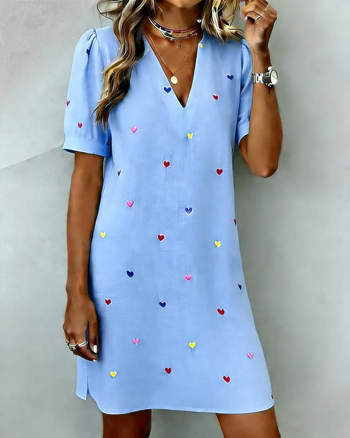 Colorful Heart Print Dress with V-Neck