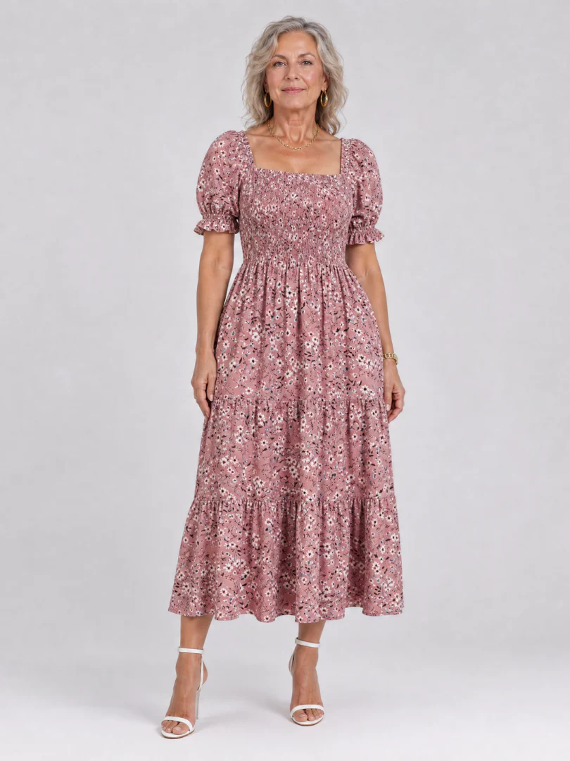 Louse | Floral Smocked Square Neck Midi Dress