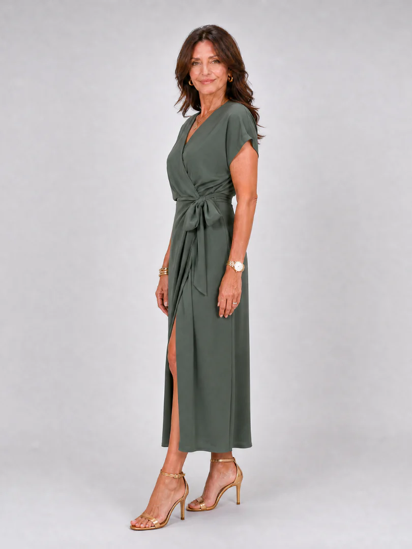 Oklea | Short Sleeve Wrap Tie Midi Dress