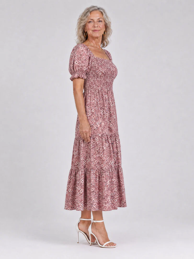 Louse | Floral Smocked Square Neck Midi Dress