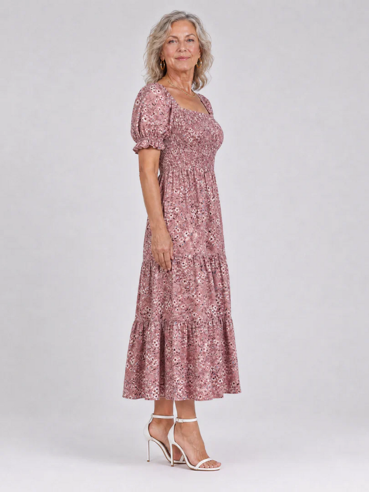 Louse | Floral Smocked Square Neck Midi Dress