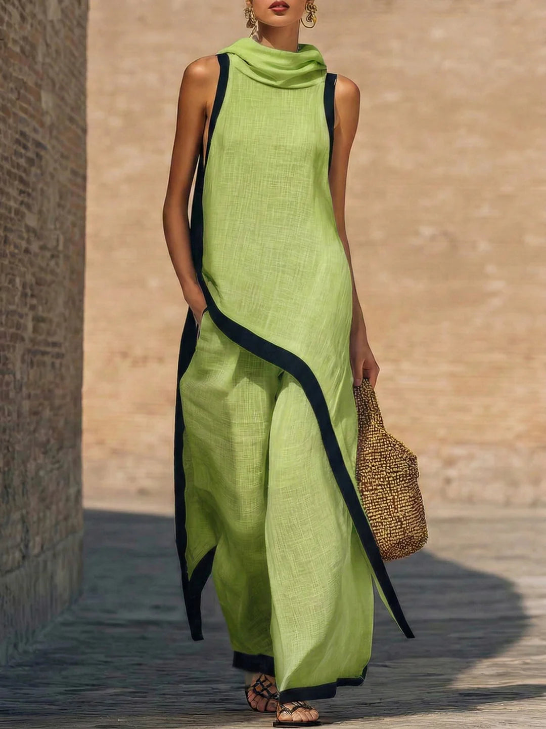 Elegant Linen-Cotton Two-Piece Set with Artistic Cut