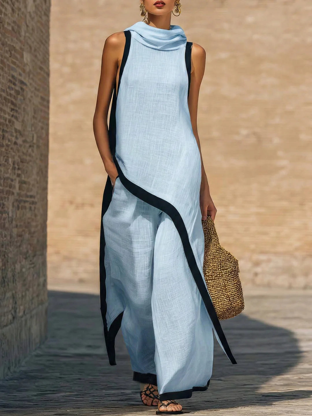 Elegant Linen-Cotton Two-Piece Set with Artistic Cut