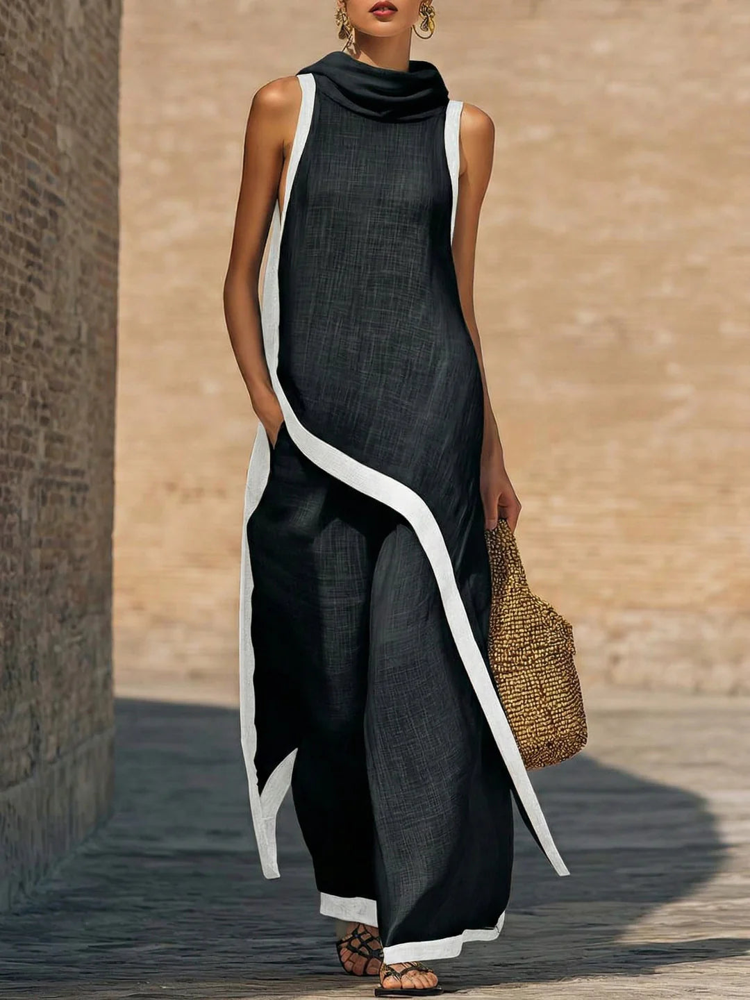 Elegant Linen-Cotton Two-Piece Set with Artistic Cut
