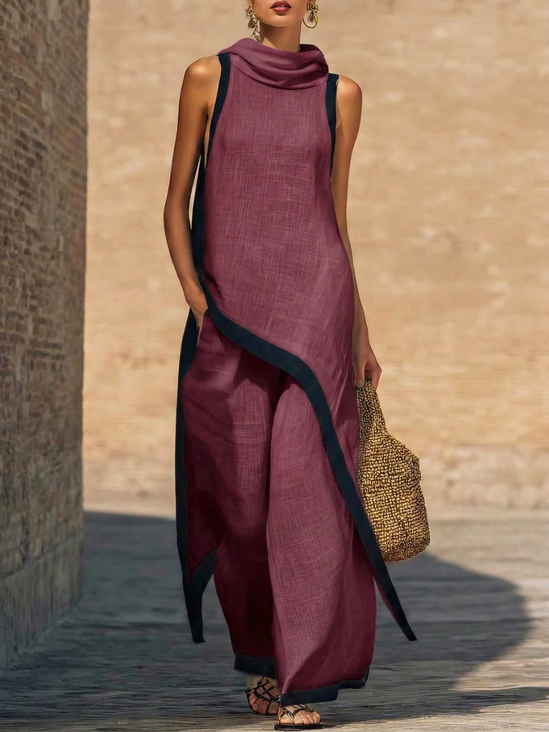 Elegant Linen-Cotton Two-Piece Set with Artistic Cut